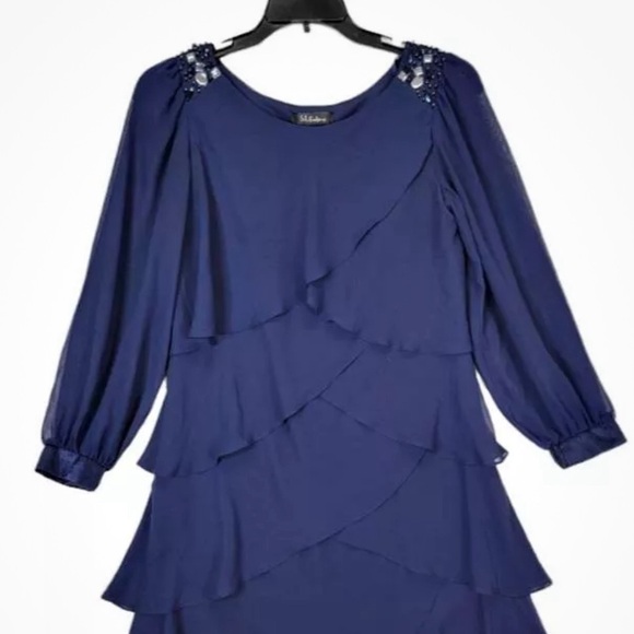 S.L.Fashions sz 14 Navy Layered Tiered Shift Dress w/Beads. Long sleeves - Picture 2 of 5